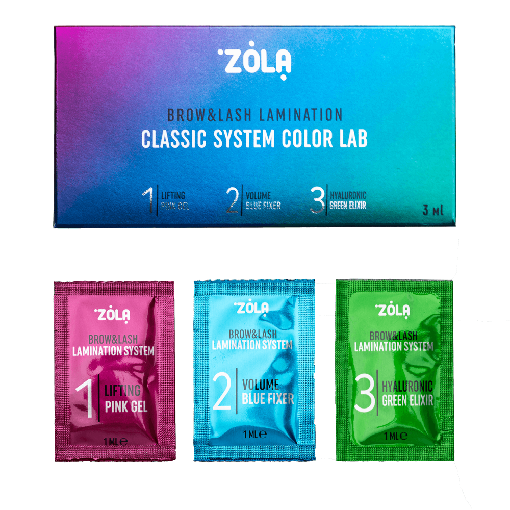 ZOLA Color Lab Набір для ламінування в саше Step 1, 2, 3 
блакитно рожева коробка, 3 саше/пакетики в складі (рожевий, блакитний, зелений)