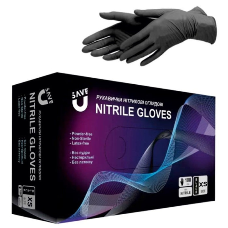 Рукавички нітрилові, без пудри, Чорні SAVE U (100 шт)